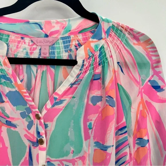 Lilly Pulitzer 100% Silk Elsa Blouse Top Shirt Floral Leaf Out to Sea Nautical S - Picture 4 of 10